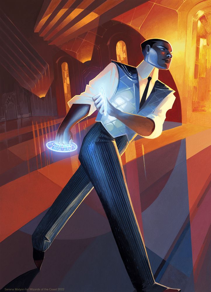An art deco-styled fantasy painting of a mobster striding across a room to go deal some justice. Rolling up his sleeves, we see he has the fantasy equivalent of brass knuckles. Wow, what a description, I swear it looks cooler than it sounds! 