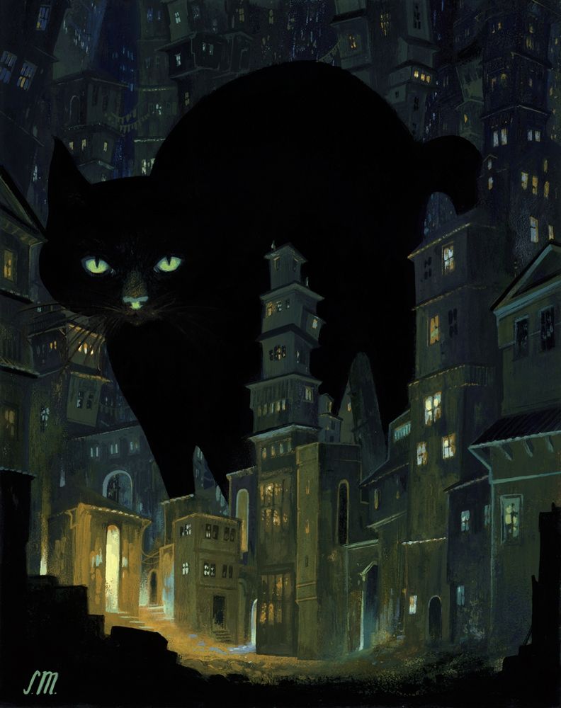 A giant black cat's silhouette cuts through the cityscape at night. It stares at the viewer, back arched.