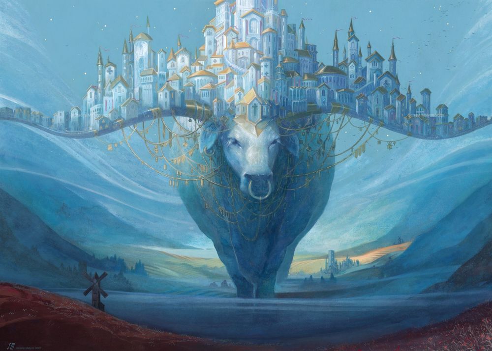 a large blue ox with a city on its horns. It walks through a misty valley. 