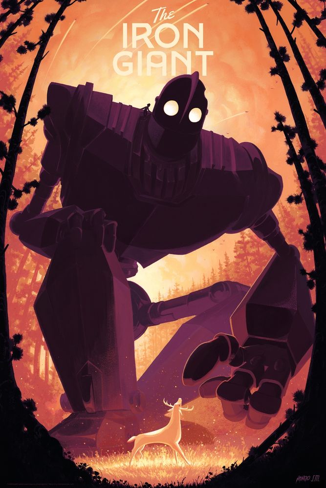 A poster for The Iron Giant. The Giant reaches down to greet a stag in a moment of peace. Hogarth sits on his shoulder as military jets fly overhead in the autumn sky. 