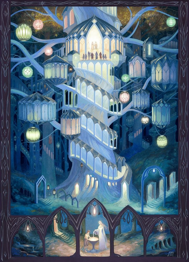 The elven city of Lothlorien- a tall tree with golden leaves, wrapped in elven dwellings. At the top, the fellowship greets Galadriel and Celeborn. At the base, Galadriel and Frodo peer into the fountian. 