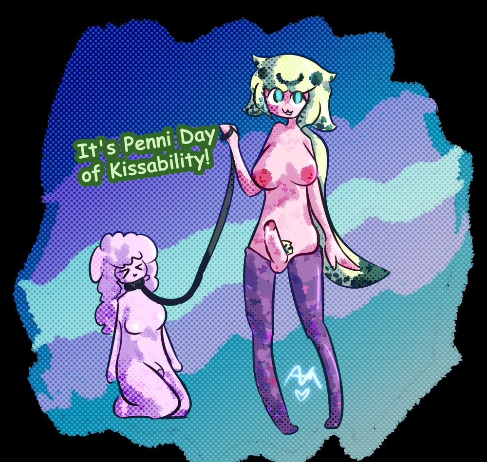 Image of a girl with a penis, dumbo octopus styled hair, and purple striped socks holding a leash on a trans bunny girl. Text reads "It's Penni Day of Kissability" a play on Trans Day of Visibility and the character Penni's name. Both characters are standing in front of a trans flag background.