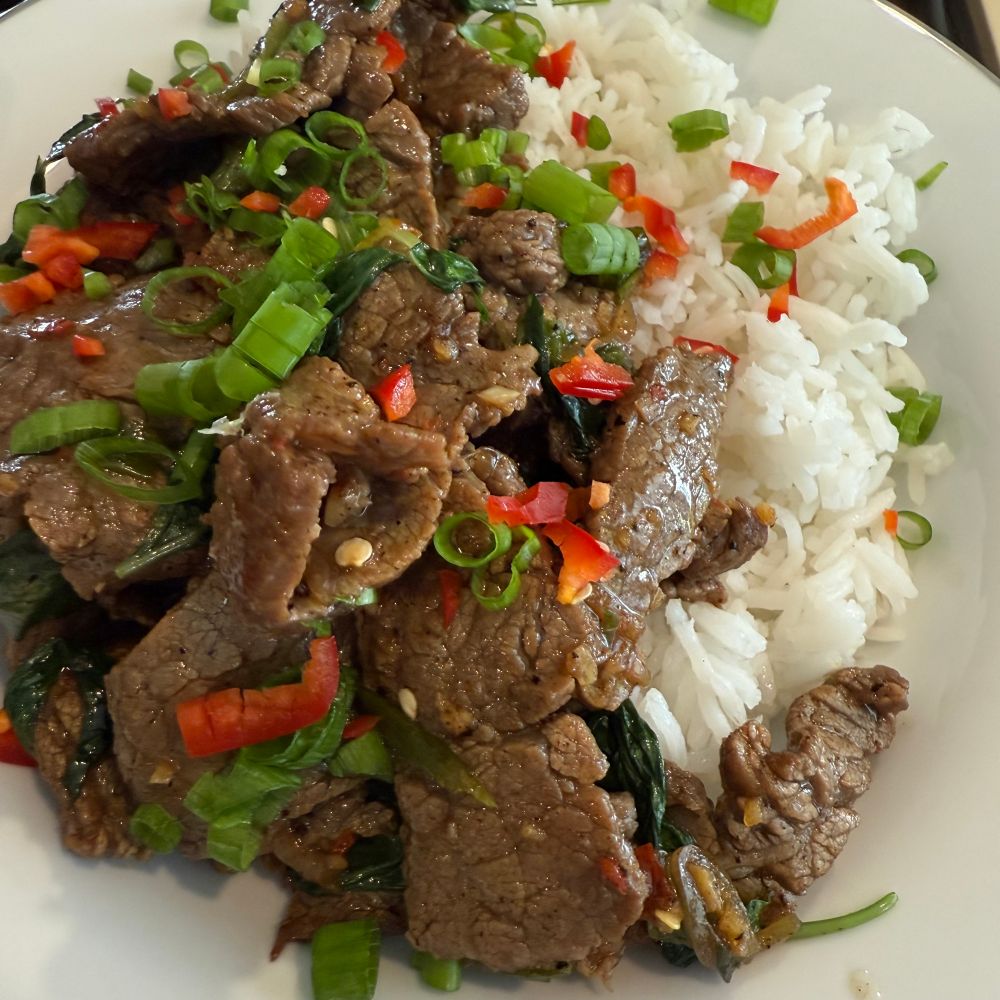Thai basil and beef with Fresno chilis and white rice