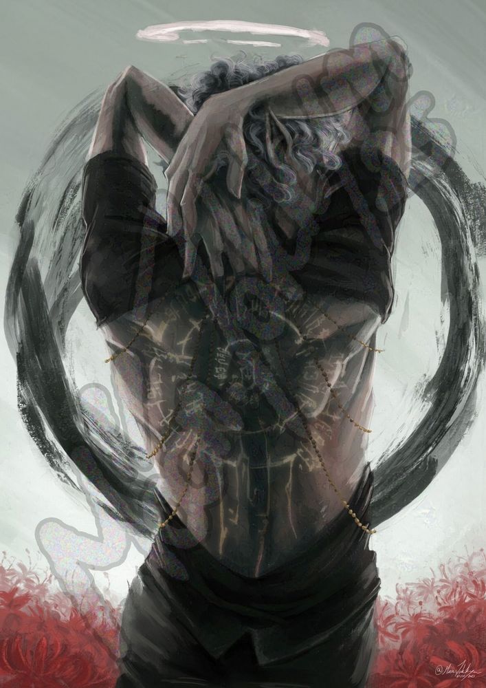 Astarion's the vampire's back, with his glowing runic scar, he reaches back to try and touch it but can't. Chains hang from his pulled up tshirt. He's surrounded by spider lilies.