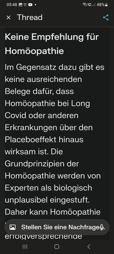Keine Empfehlung für Homöopathie. Screenshot einer KI Antwort.
