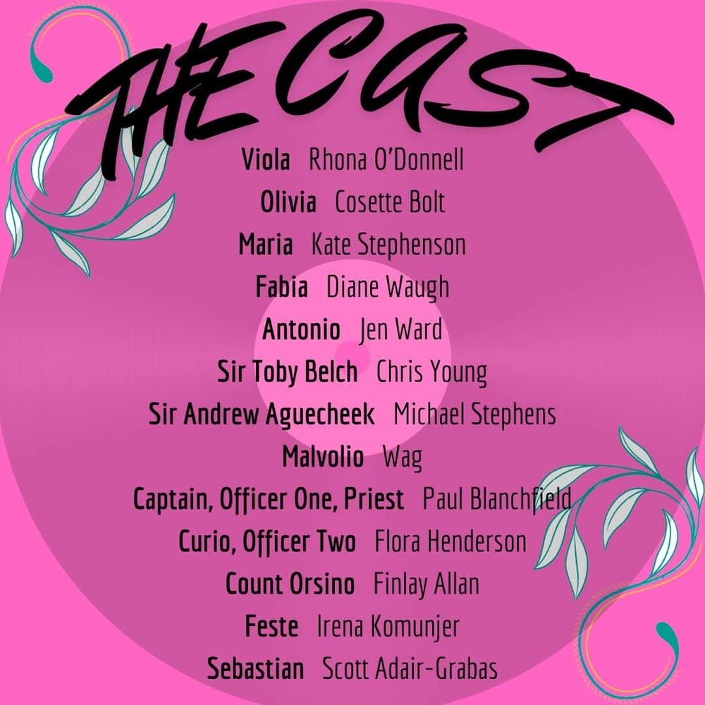 List of cast names and their character on a pink background that looks like a vinyl record