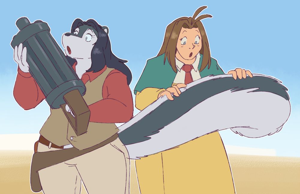 an anthro skunk admires Milly Thomson's stungun, while Milly admires the skunk's tail