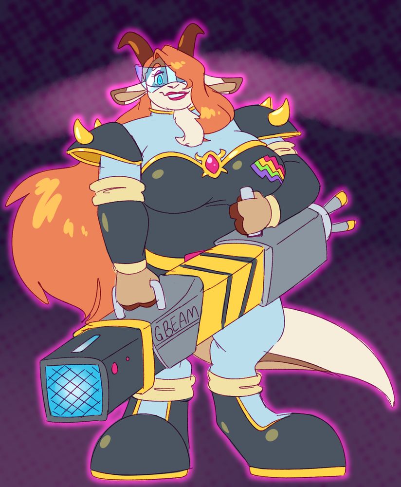 Stephanie the goat in a black and gold supervillain outfit.  She is holding a large sci-fi gun about the size of a minigun called the GBEAM.