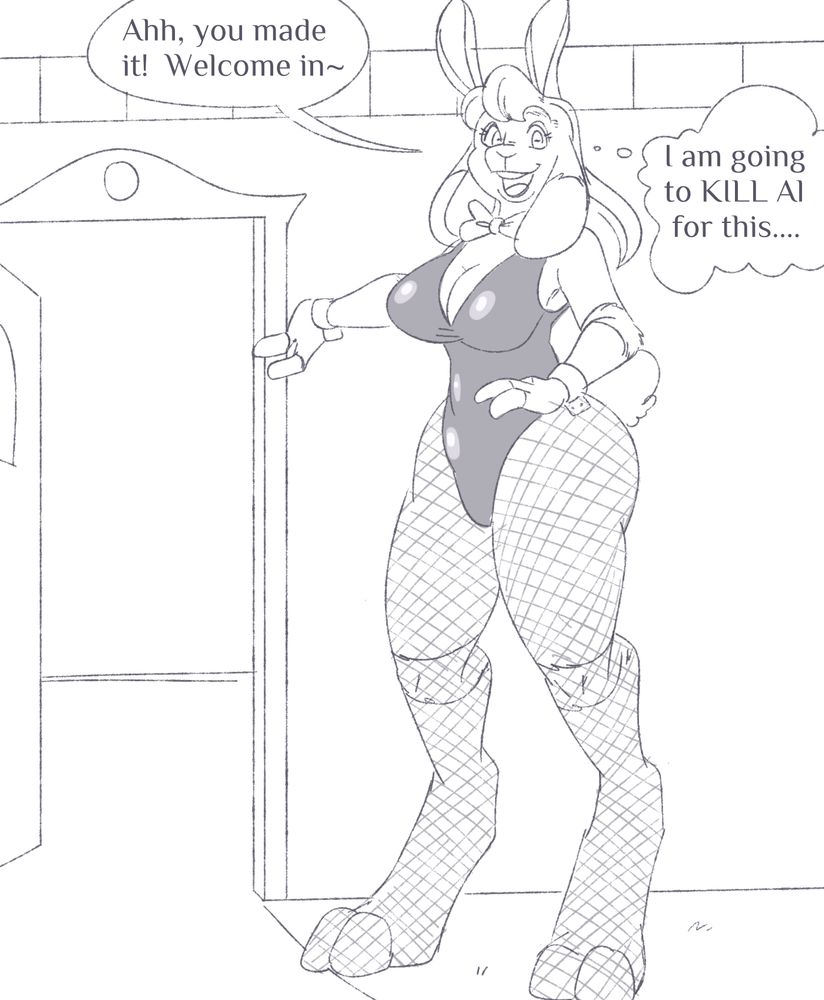 Miss Manager, now a very tall and leggy goat a head taller than the doorframe she is next to, is welcoming the viewer inside some building.  She is saying aloud:  "Ahh, you made it!  Welcome in~", but to herself she is thinking:  "I am going to KILL Al for this...." as she does not generally enjoy wearing such revealing clothing or being the wrong size or being used for a job below her skill level when there are plenty of interns for that.