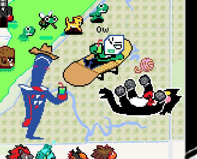 Screenshot of wplace. There are sprites of the 3 fake Mikes Battat, Pluey, and Jongler from Deltarune, referencing the video from the Undertale Anniversary Newsletter. The Jongler sprite has also been given a cowboy hat and a glass of battery acid. There is also an acid river beside them.