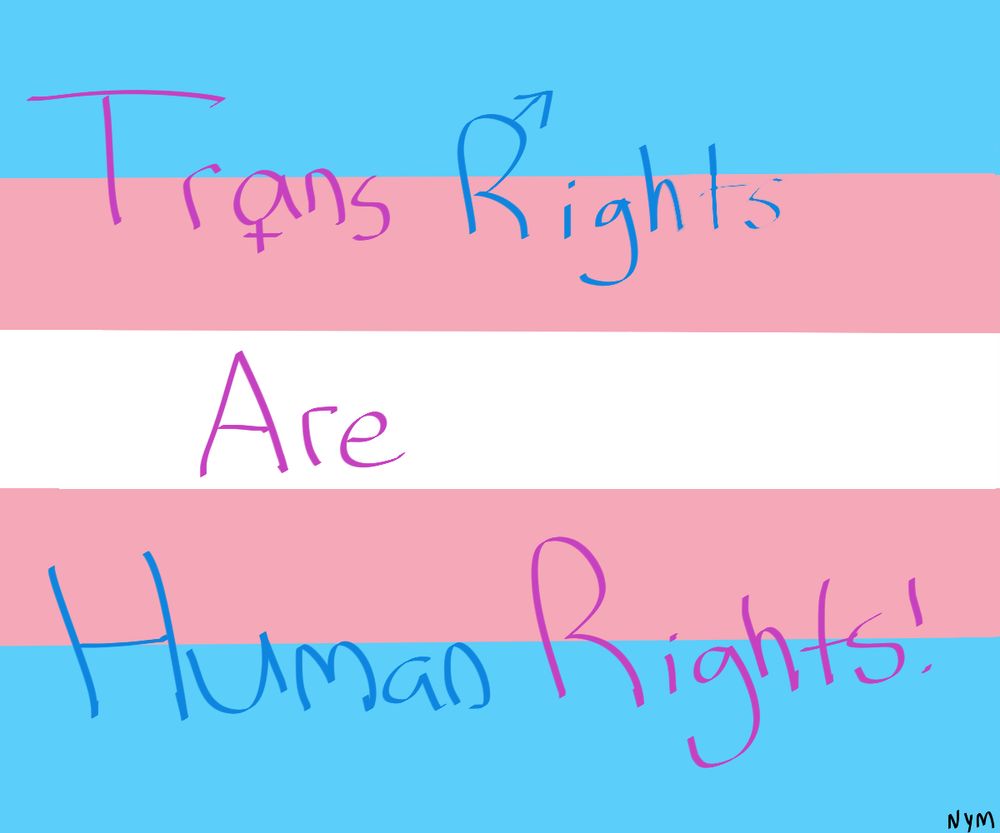 "Trans Rights ARE Human Rights" behind a Trans Flag Background (with a Nym signature in the bottom)