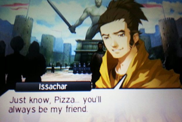 a screenshot from Shin Megami Tenshi IV for 3DS where the character Issachar is talking to the main character (who this player named "Pizza") and he sais "Just know, Pizza... you'll always by my friend."