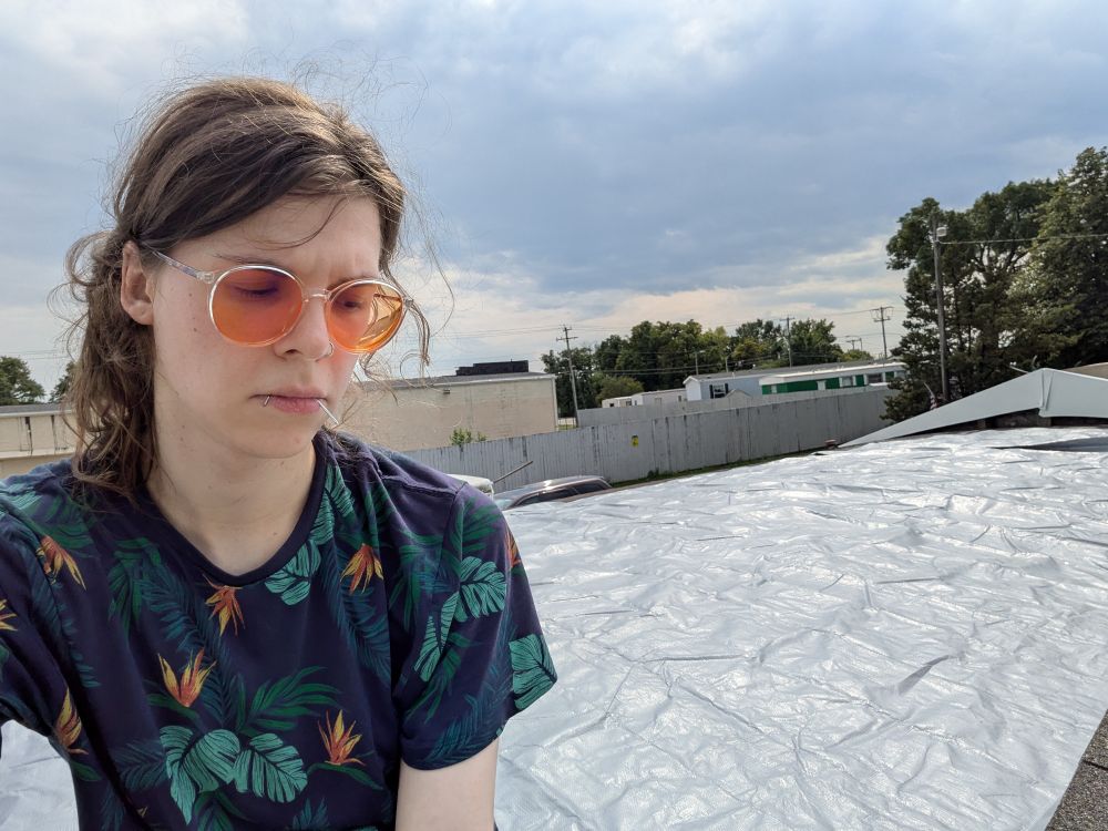 a picture of me on my roof. i look disheveled and downcast because thats what i am. the roof is visibly covered with a large grey tarp. the sky is nothing but light grey clouds, but it isnt raining right now.