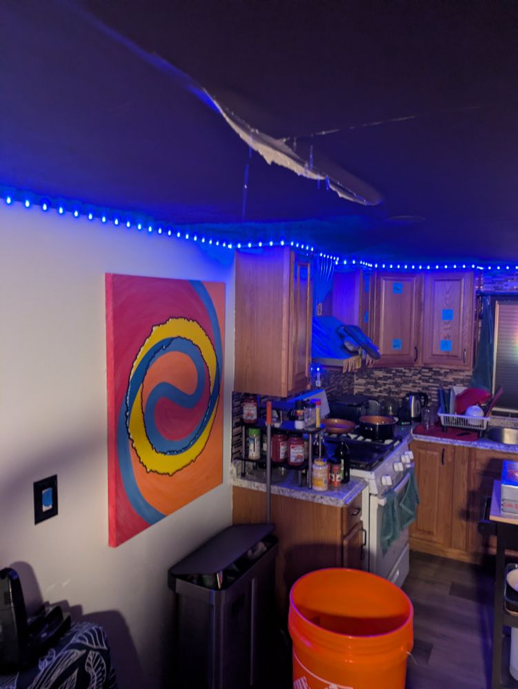 a photograph of a messy kitchen with buckets underneath a very large leak in the ceiling