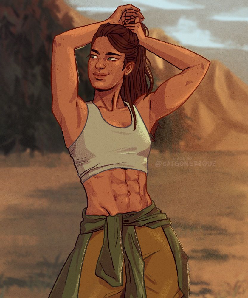 avatar kyoshi, without her makeup, getting ready to train outside and putting her hair up