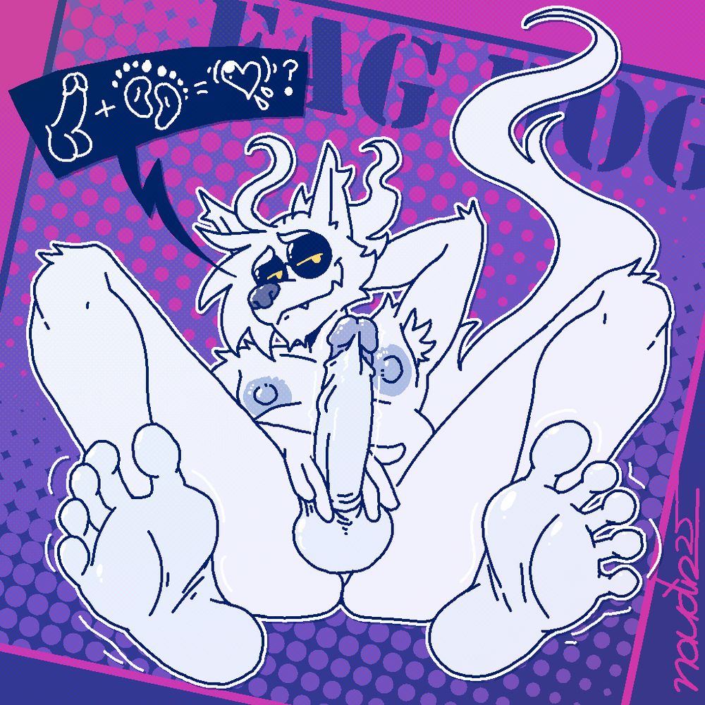 Naudiz reclining, fully nude, showing off his erect penis and splayed toes. He's asking you to help prove his "penis + feet = love" theorem.

The words "FAG DOG" are visible in the background. "Naudiz" isn't his real name, so what makes *that* any less fitting for the nameplate?