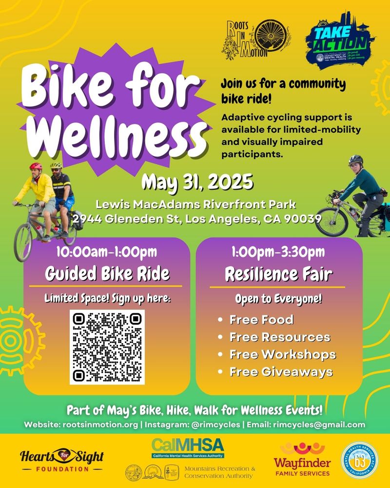 english flyer for roots in motion bike for wellness event. roots in motion.com for more info