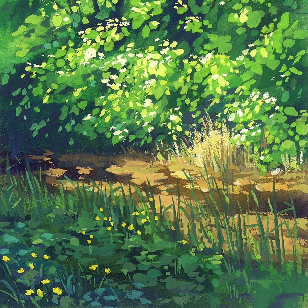 Gouache painting sunlight shining on a canal and surrounded by foliage. 