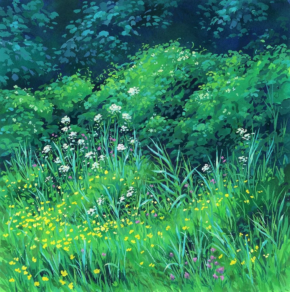 Gouache painting grasses, wildflowers, and bushes. 