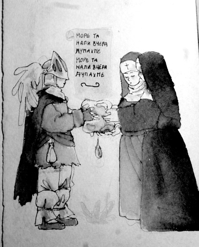 drawing of guy with winged helmet, holding a block of water with 2 religious nun. writings : first word of the song More Ta Nali by Irfan