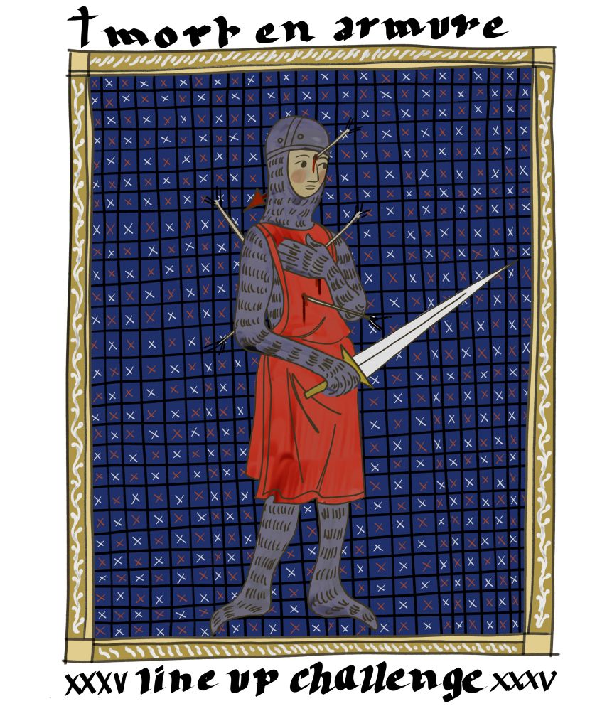 digital drawing in a medieval drawing style. the person is armored and holding a sword, is standing pierced by 5 bows