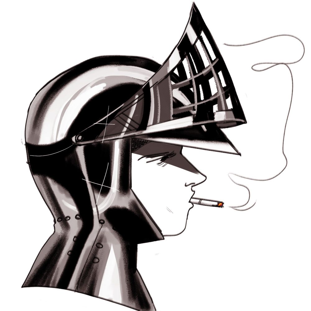 digital drawing : a study of metal helmet. the guy is side-profile, smoking a cigarette