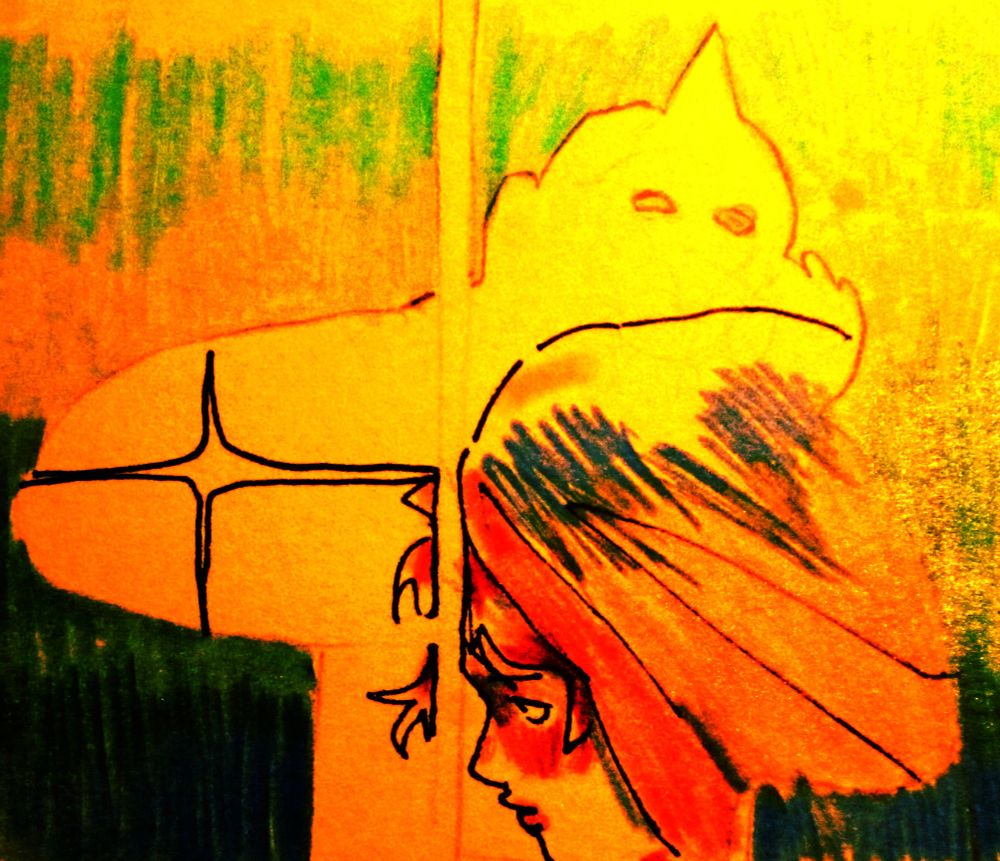 colored sketch split in two but same image : a white shadow of someone bending their arms toward their face, only eyes distinct, with a face side-profile drew in the shadow with a sheet on her head, looking on the left