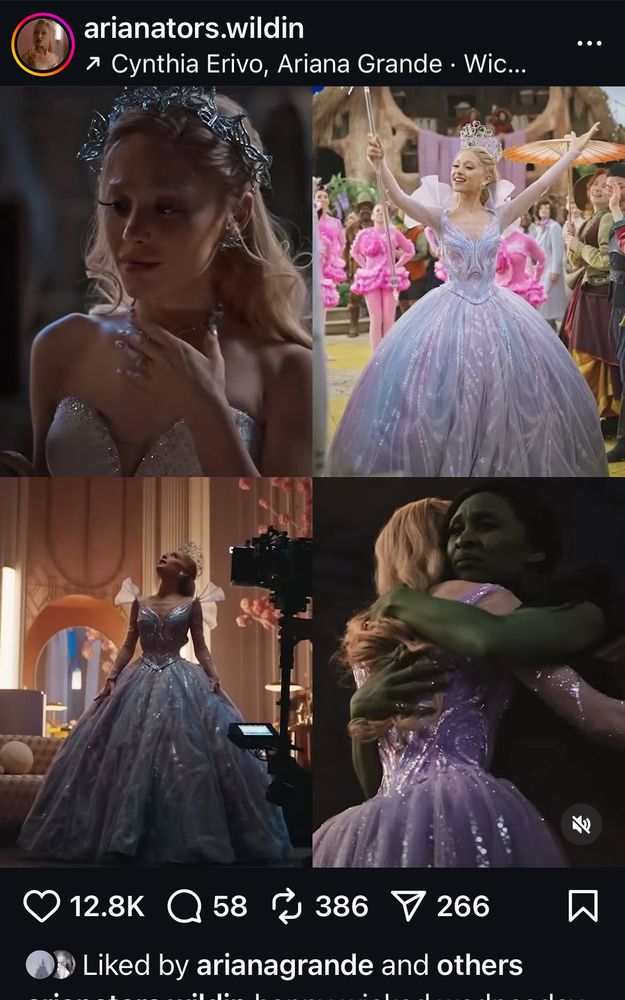 a collage of all of the photos from the wicked: for good featurette sneak peek we got today for “wicked wednesday”, featuring glinda in her wedding dress and “thank goodness” dress, plus glinda and elphaba hugging (presumably before/after “for good”)