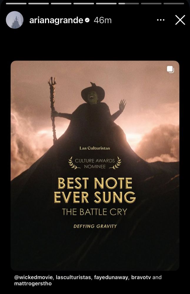 a screenshot of the las culturistas award for “best note ever sung” for the battle cry in defying gravity, posted by ariana grande on her instagram story 