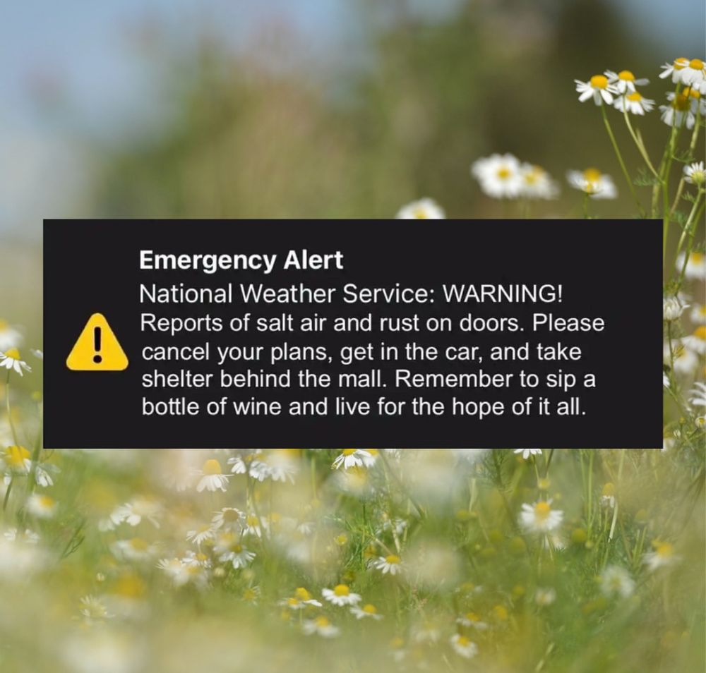 a fake emergency alert created by the reswiftance on instagram with the lyrics of august by taylor swift, that says “National Weather Service: WARNING! Reports of salt air and rust on doors. please cancel your plans, get in the car, and take shelter behind the mall. remember to sip a bottle of wine and live for the hope of it all.” 