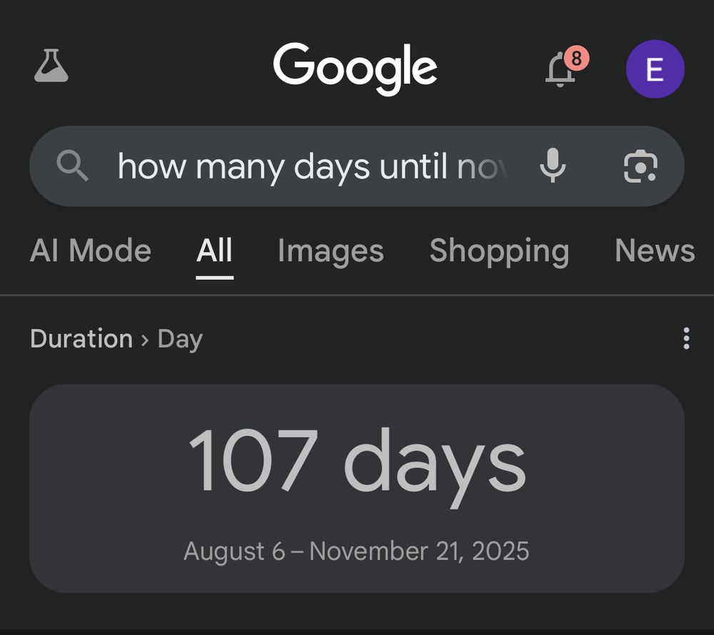 a google search showing that there are 107 more days until november 21st, when “wicked: for good” is in theaters