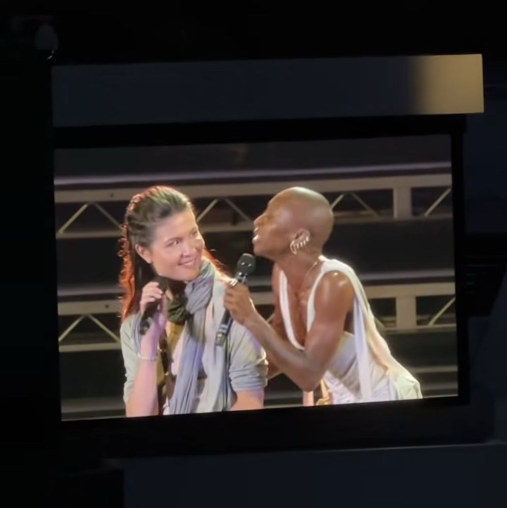 a picture of cynthia erivo and phillipa soo in jesus christ superstar as mary magdalene and jesus, respectively.