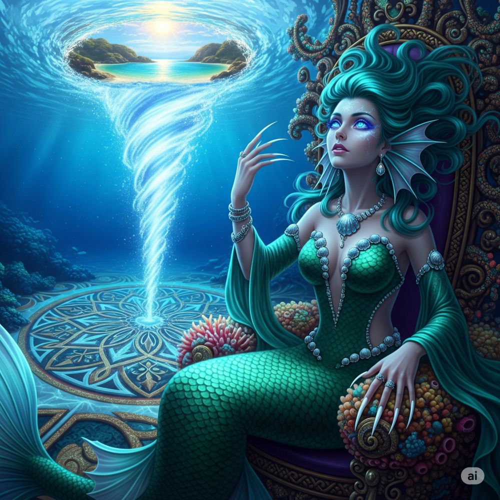 A fantasy fractal depiction of a beautiful mermaid with large translucent eyes, illumination, long hair, long sharp fingernails, wearing a deep cut gown sitting on an ornate throne on the bottom of an ornate ocean floor with a water tornado and marbled design in the background, looking up to the surface to see a cove.