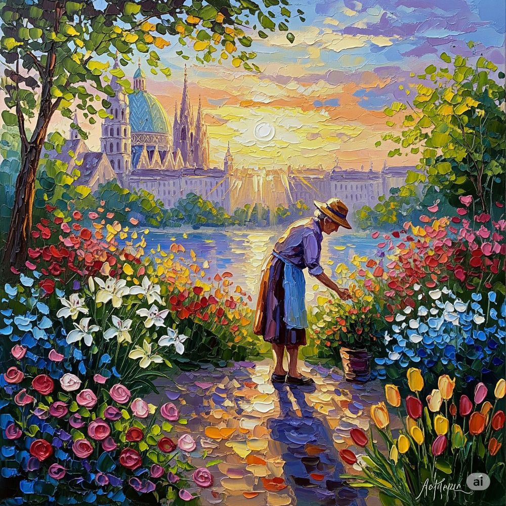 A beautiful old woman in Vienna tended to her garden at sunrise, illumination, colorful, highly detailed, from a distance (impasto painting:1.4) . thick oil paint applied with a palette knife, (emphasized strokes of paint:1.2)