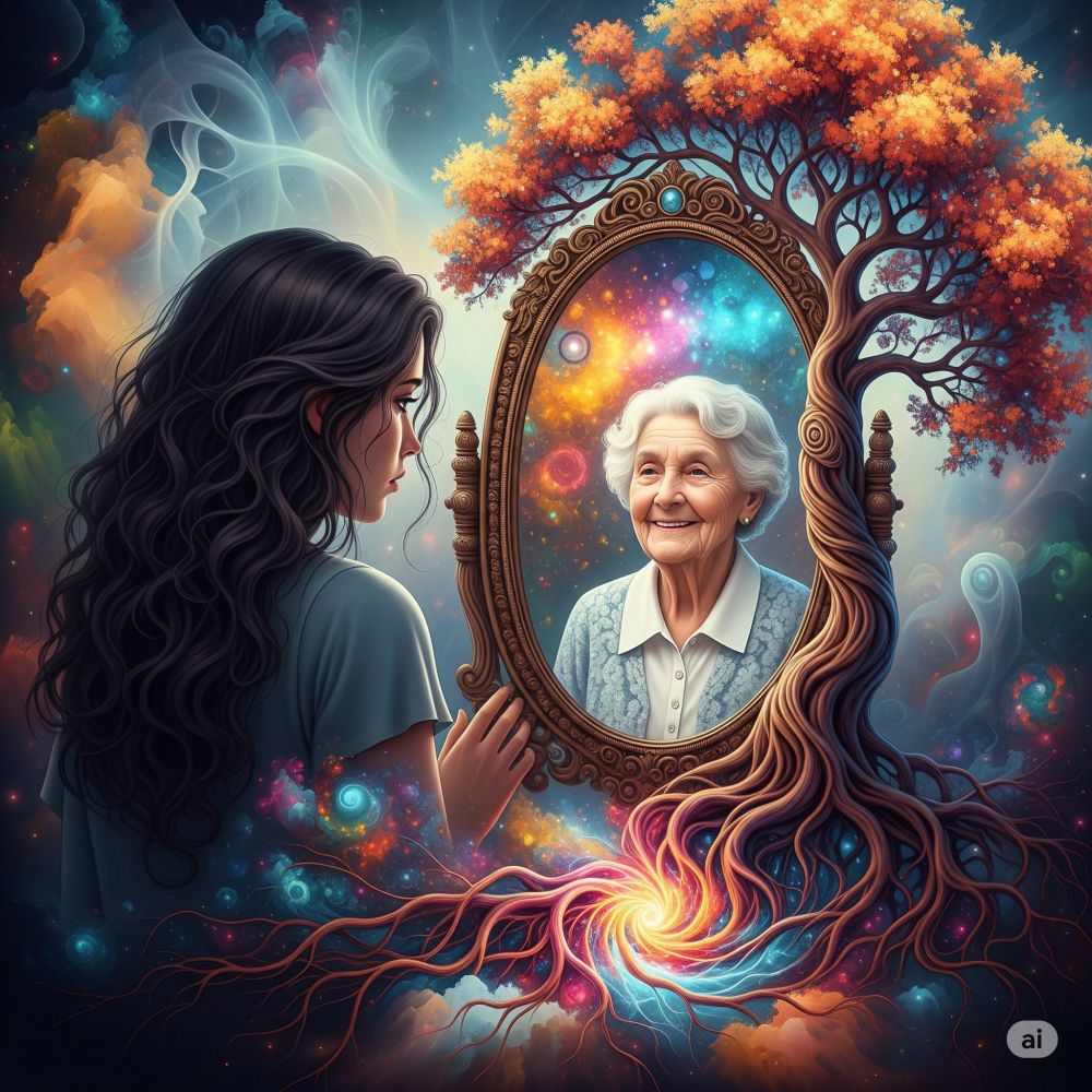 A fantasy luminous fractal image of a beautiful young sad woman staring into a mirror at a beautiful elderly happy woman, incorporated into an image that represents the in-betweens life, life and death, life stages, motion, an ornate tree of life, coping, motion, ethereal, highly detailed, colorful, magical, surrealist, moody