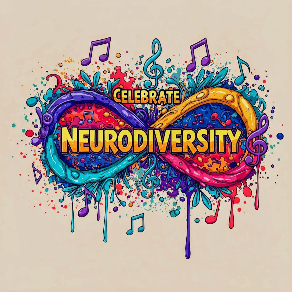 A vector fantasy banner image incorporating CELEBRATE NEURODIVERSITY in the middle of the image with an ornate graffiti infinity symbol, musical notes, vibrant