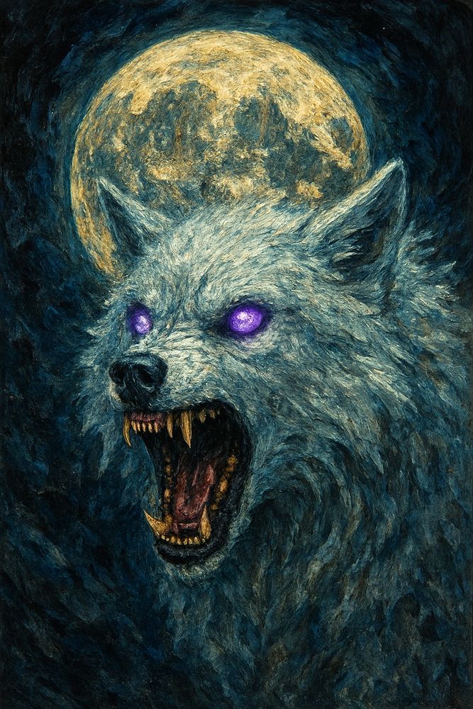 A huge photorealistic white direwolf growling, with large glowing violet eyes, with a large full moon in the background, highly detailed, gorokowa, surreal, neo-expressionism