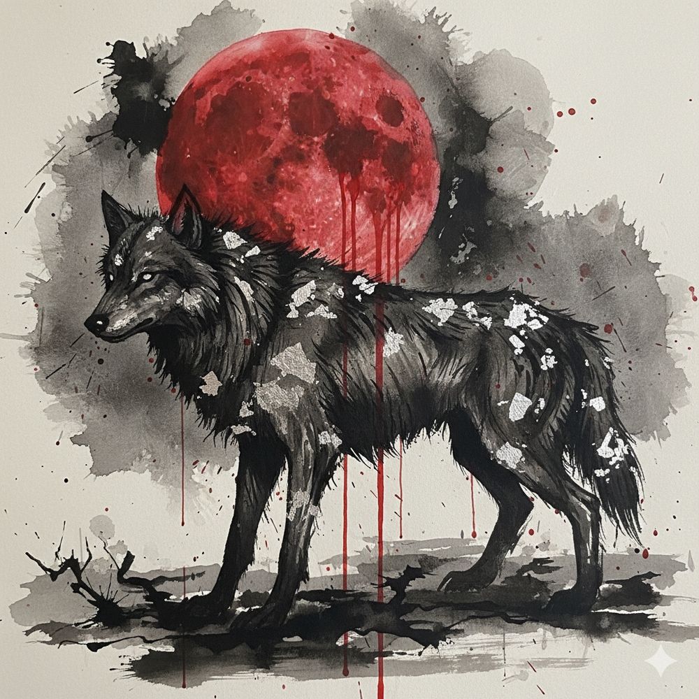A minimalist ink print of a black dire wolf with pops of silver with a large red moon, highly detailed, gurokowa, surreal, neo-expressionism