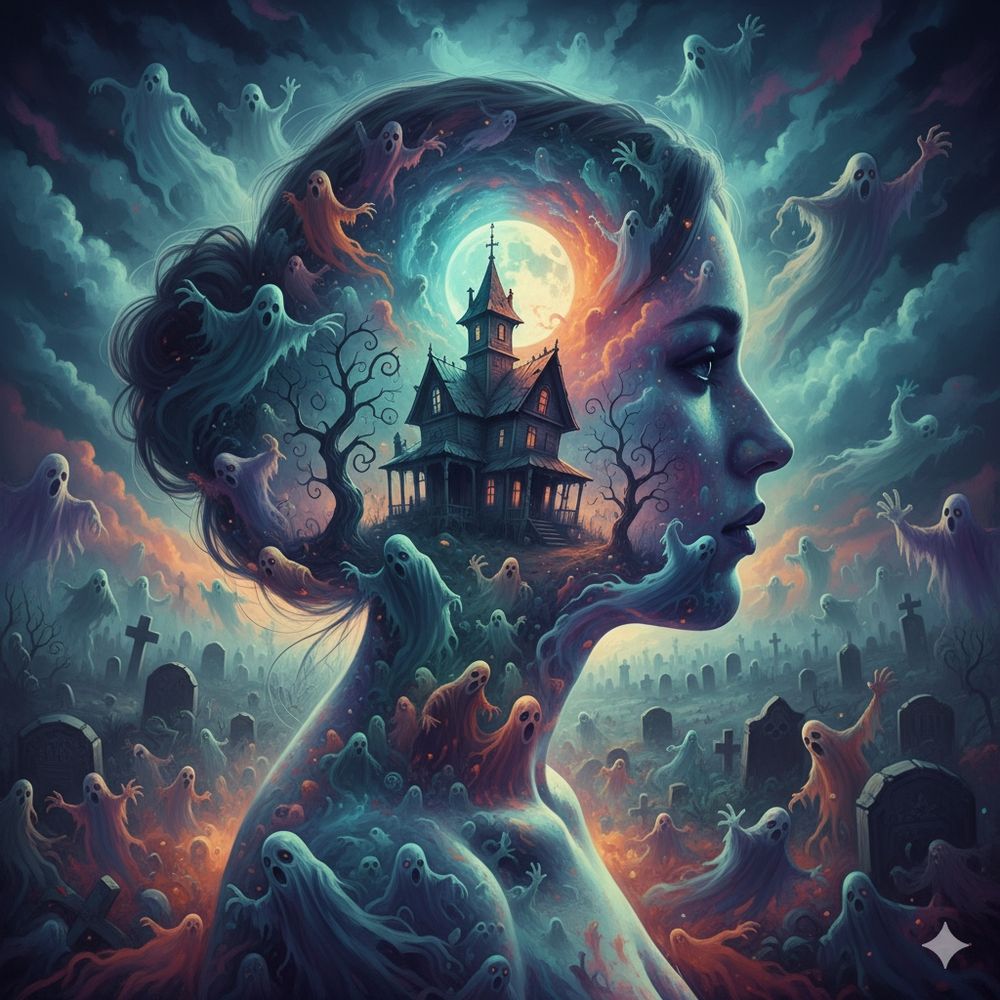A female figure as a double exposure image filled perfectly with ghosts, haunted, highly detailed, colorful, surreal, horror, a haunted house in the background