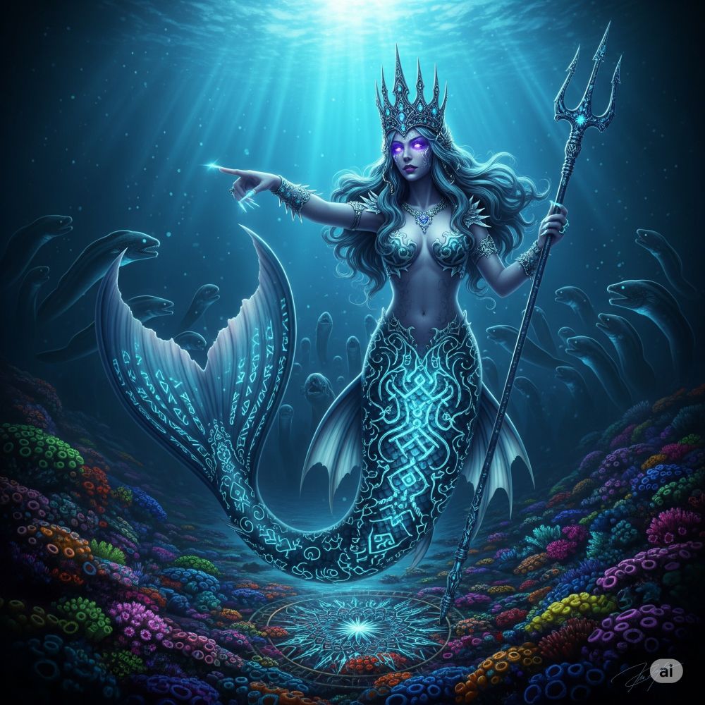 A luminous image of an abysmal empress mermaid with bioluminescent ornate runes carved in her tail, long iridescent hair, glowing violet eyes, commanding an army of bioluminescent eel soldiers in the background, an ornate ocean floor, fractals, illumination, colorful   James Christensen,. Hyperrealistic art cinematic film still photography, fantasy,. shallow depth of field, vignette, moody, epic, gorgeous,. realism pushed to extreme, fine texture, incredibly lifelike, mermaid holding a trident and wearing an ornate crown. 