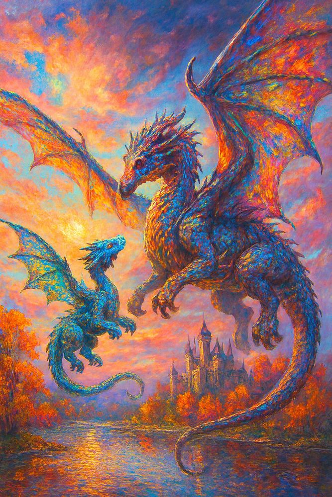 A fantasy image of an ornate iridescent mother dragon teaching her iridescent aqua baby dragon how to fly. They are flying together through the air over a shiny reflective lake, an ornate medieval castle in the distance, a vibrant colorful sky, Fall foliage highly detailed, colorful, (ethereal fantasy concept art:1.2) magnificent, celestial, ethereal, painterly, epic, majestic, magical, fantasy art, cover art, dreamy