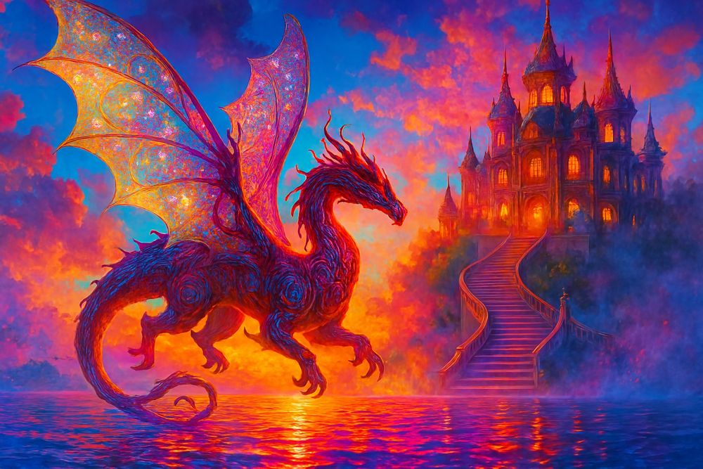 An ornate dragon with ornate sparkling illuminated gossamer wings flying, an ornate staircase to an ornate castle in the distance illuminated clouds, colorful sunrise sky, brilliant shimmering reflective water, deep peach, ethereal, misty, cerulean, sparkling silver, dark plum, highly detailed, vibrant, fractal 
