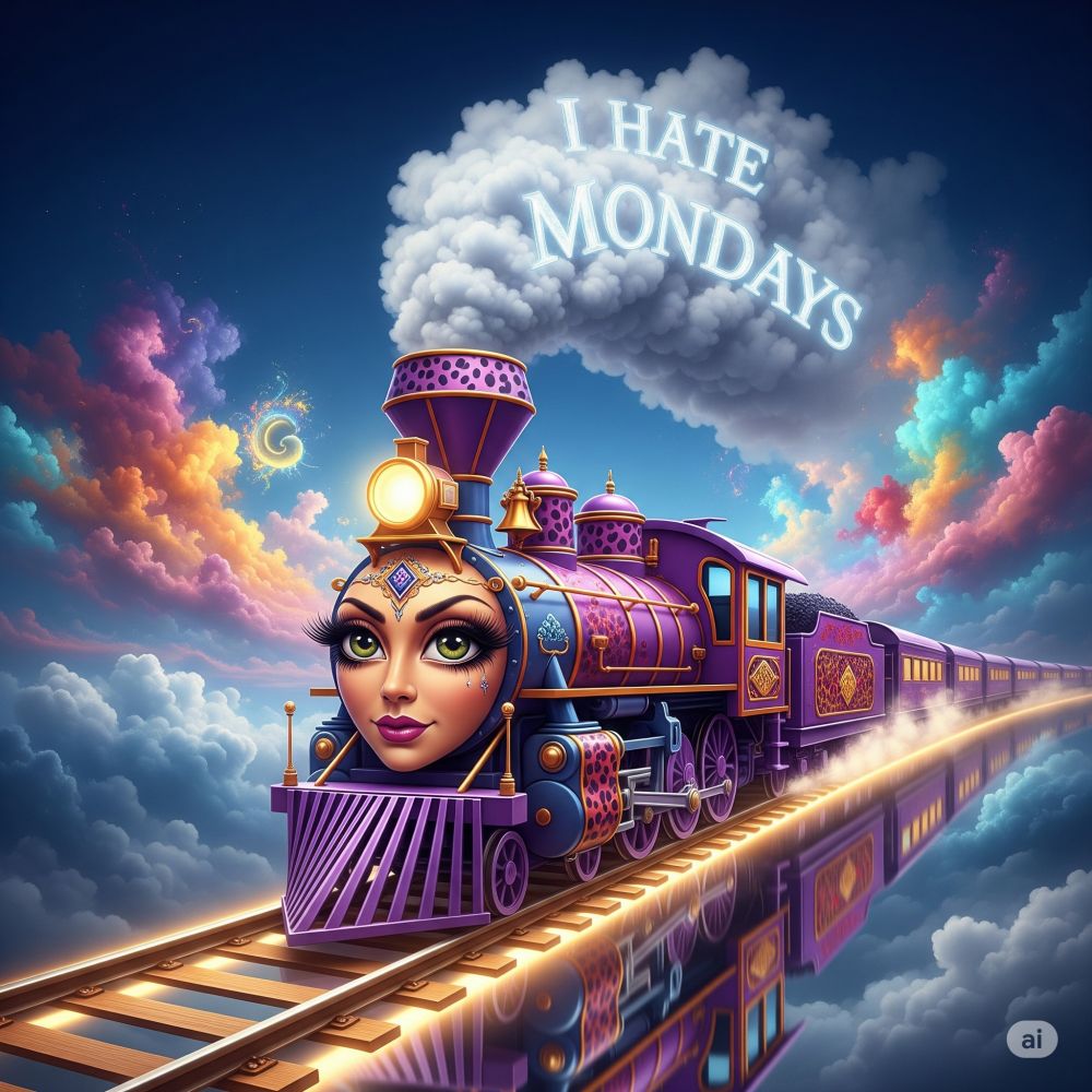 A luminous fantasy image of a magnificent ornate I Hate Mondays themed train with an ornate beautiful female face rolling her eyes with a snarky expression on the engine racing across illuminated tracks in the sky, colorful vibrant fractal clouds, reflection, vibrant, colorful, beautiful ethereal text I Hate Mondays coming from the smoke stack blending in with the clouds, fractal, best quality, highly detailed, purple with leopard print, white, silver