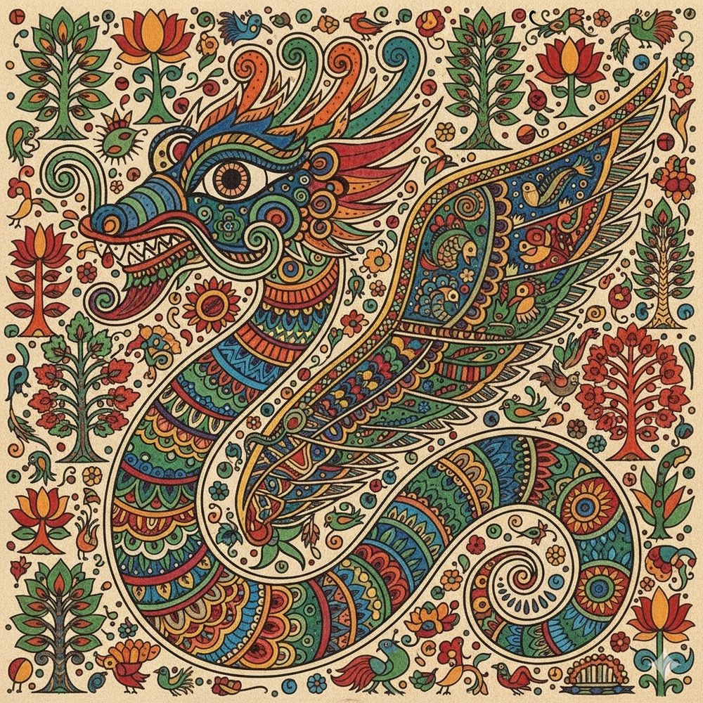 An ornate dragon, highly detailed, madhubani, colorful