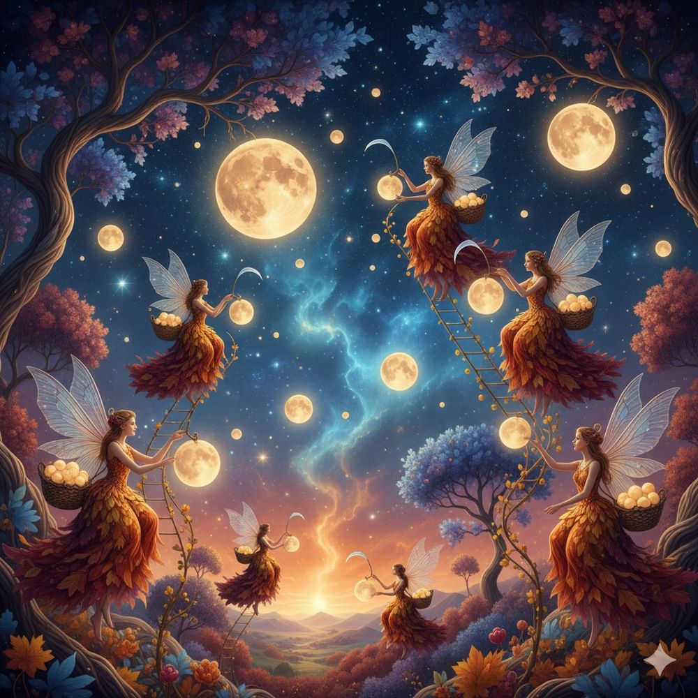 A fantasy image of beautiful moon fairy farmers harvesting Full Moons high in a celestial sky for the Fall, highly detailed, colorful