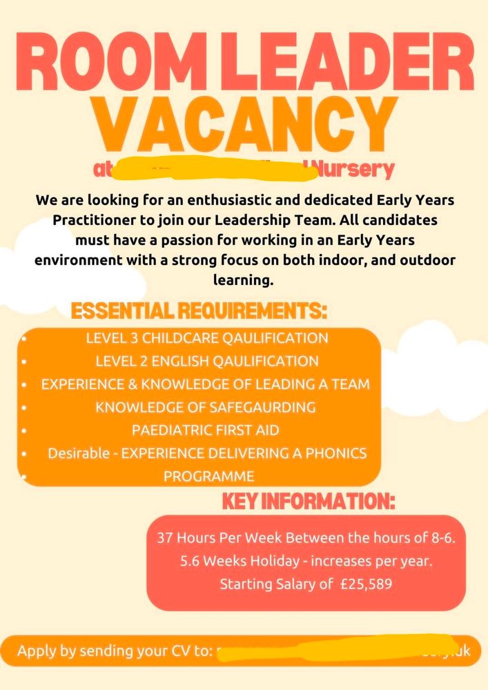 are looking for an enthusiastic and dedicated Early Years Practitioner to join our Leadership Team. All candidates must have a passion for working in Early Years environment with a strong focus on both indoor, and outdoor learning. ESSENTIAL REQUIREMENTS: LEVEL 3 CHILDCARE QAULIFICATION LEVEL 2 ENGLISH QAULIFICATION EXPERIENCE & KNOWLEDGE OF LEADING A TEAM KNOWLEDGE OF SAFEGAURDING PAEDIATRIC FIRST AID Desirable - EXPERIENCE DELIVERING A PHONICS PROGRAMME KEY INFORMATION: 37 Hours Per Week Between the hours of 8-6. 5.6 Weeks Holiday - increases per year. Starting Salary of €25,589