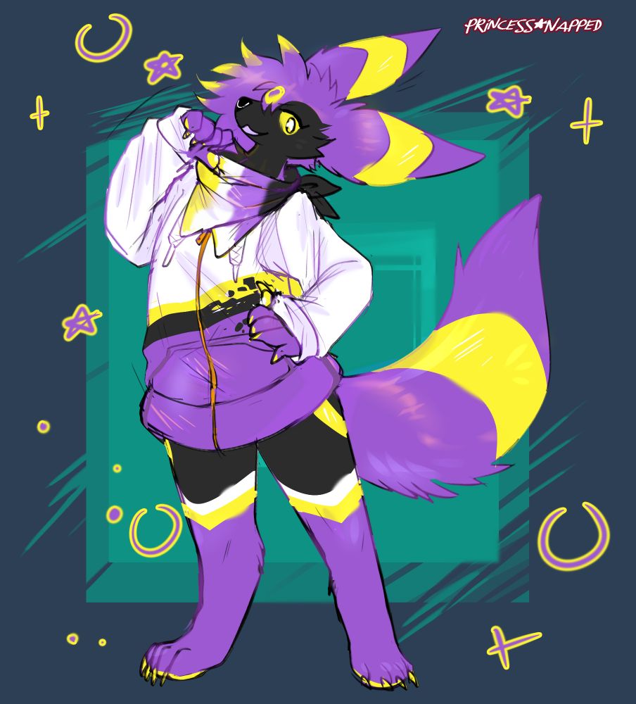 A non-binary anthropomorphic umbreon with sylveon patterns and a hoodie.