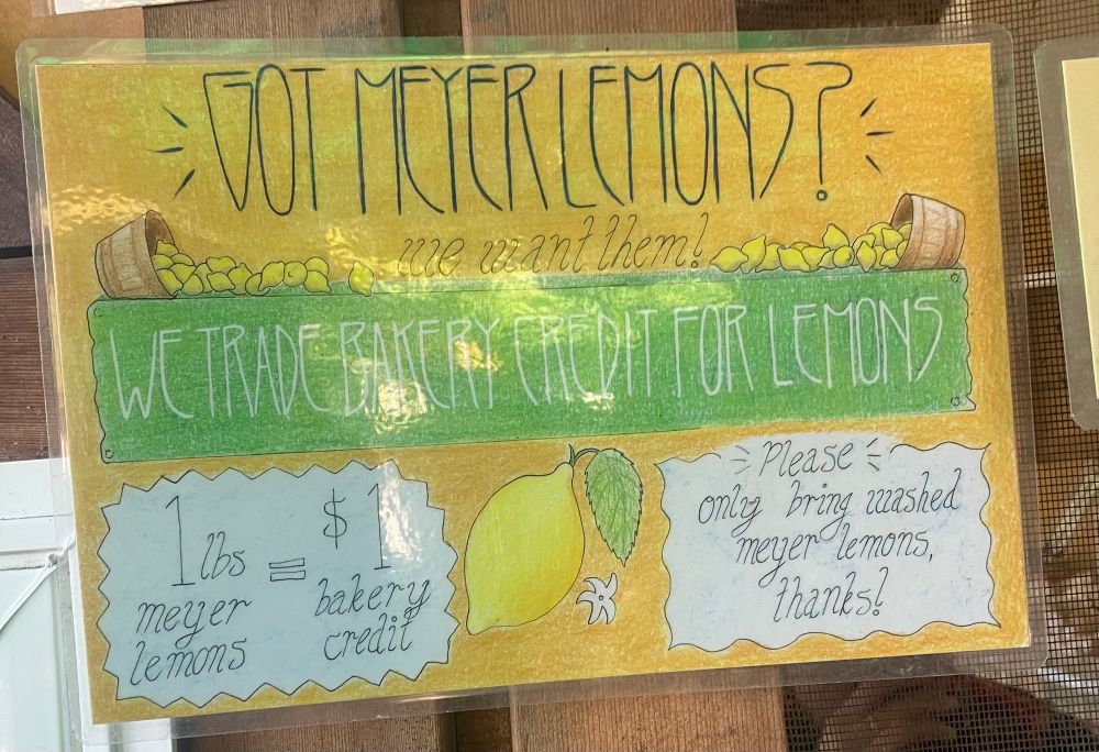 Sign reads: got Meyer lemons? We trade bakery credit for Meyer lemons 