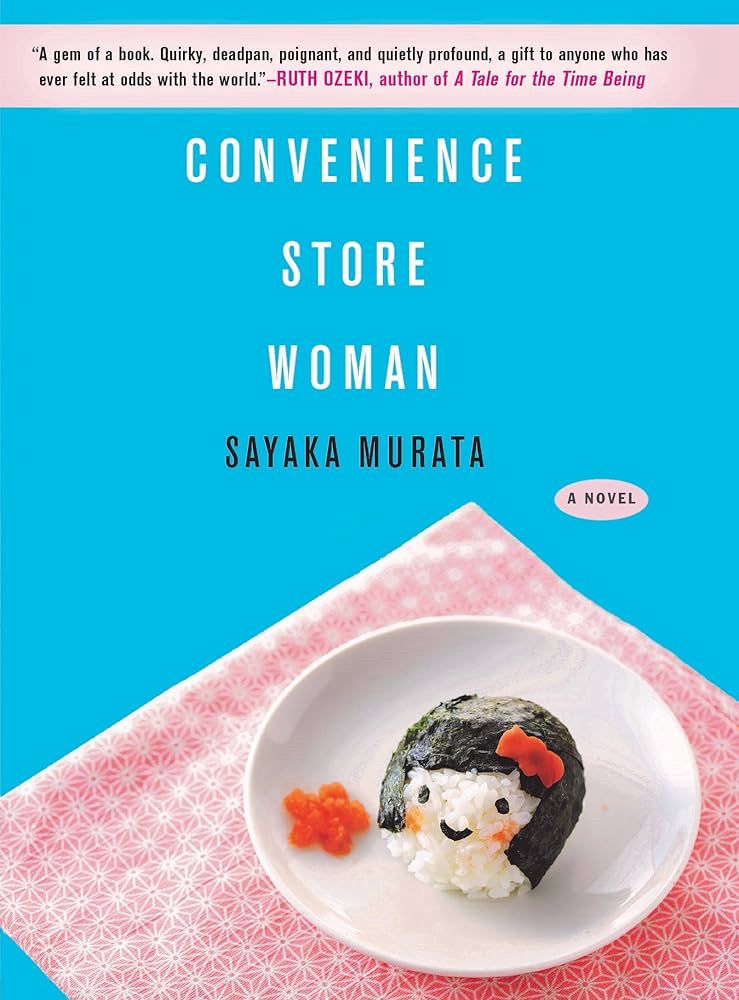 Cover of book Convenience Store Woman which shows a little human face made of rice and seaweed 