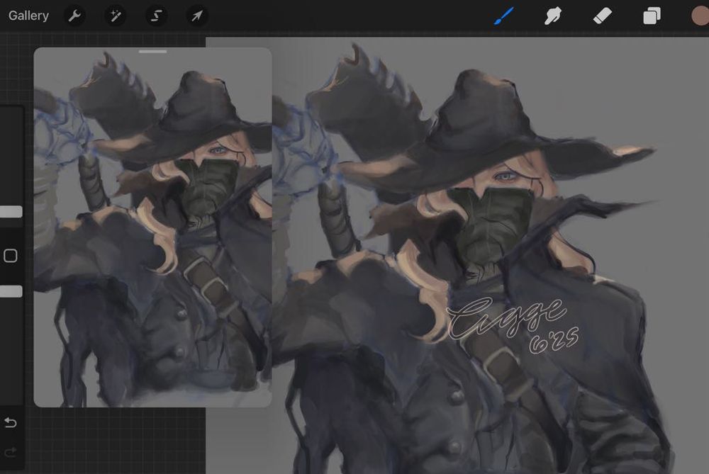 An illustration featuring LesisDraws' character, Chris, dressed in the Old Hunter & Charred Hunter garb wielding a saw cleaver, from the video game Bloodborne 